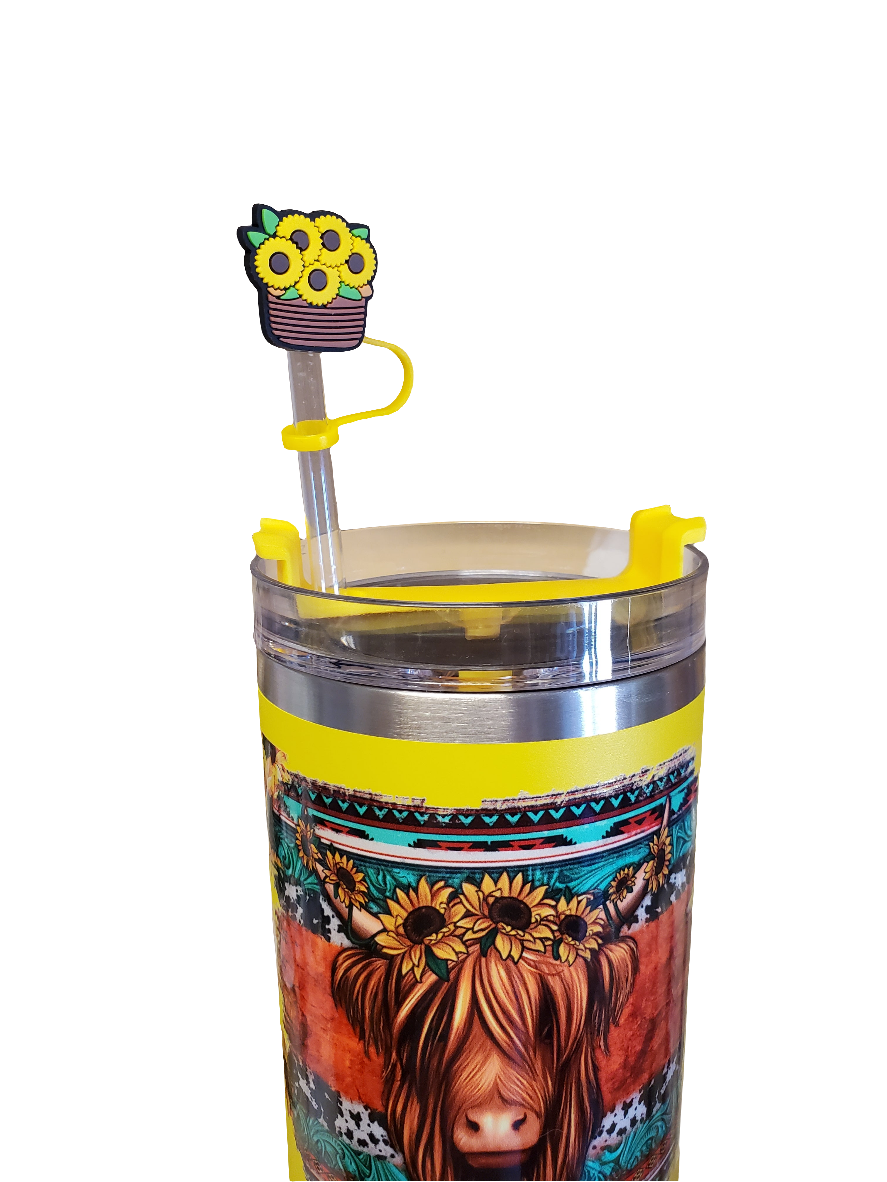 40 oz Stainless steel double walled tumbler Higland Cow Sunflower