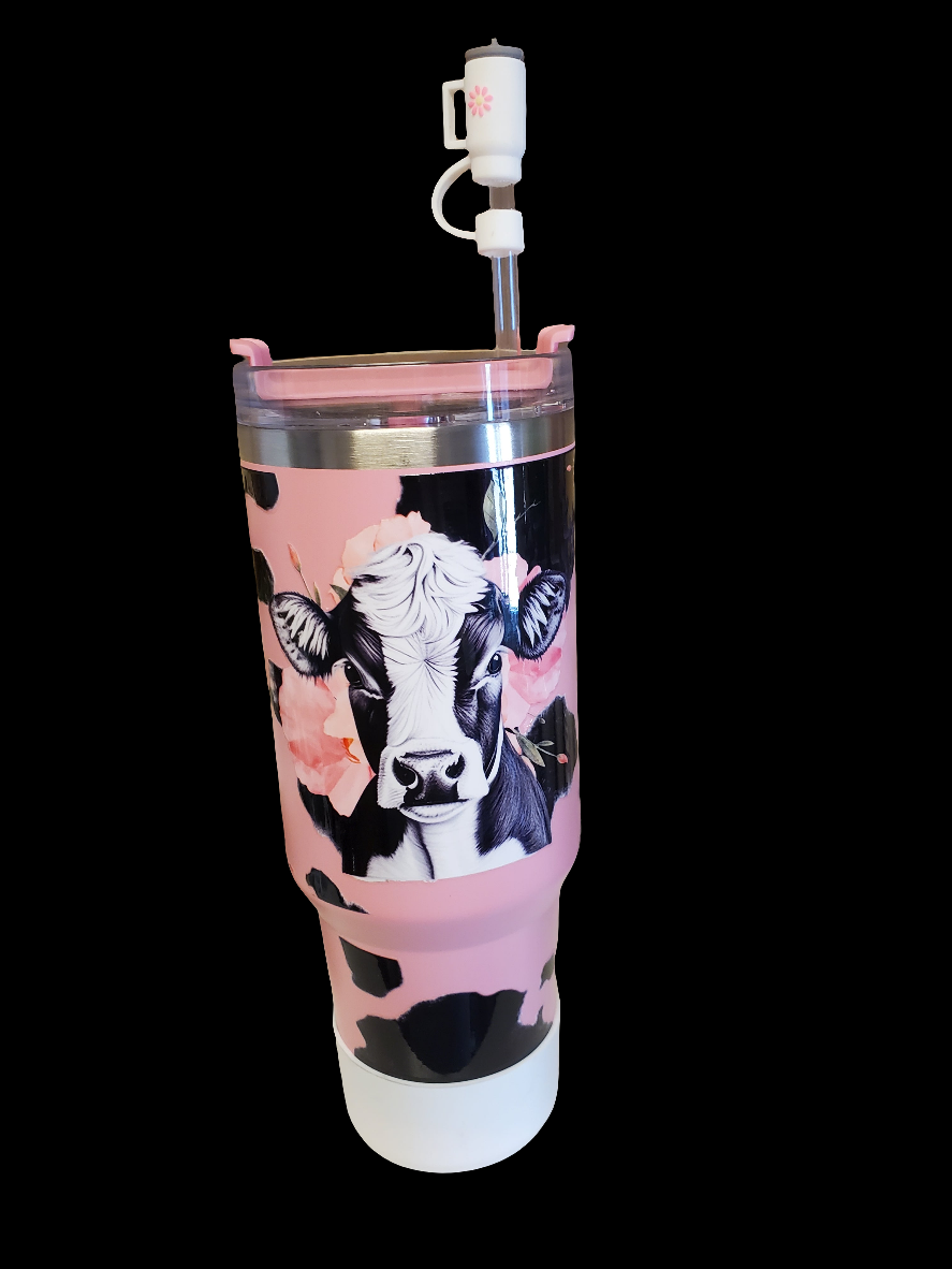 40 0z stainless steel double walled tumbler Holstein Cow Pink