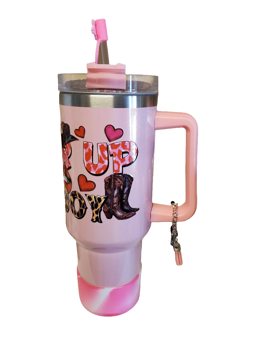 40 0z stainless steel double walled tumbler Pucker Up Cowboy Pink
