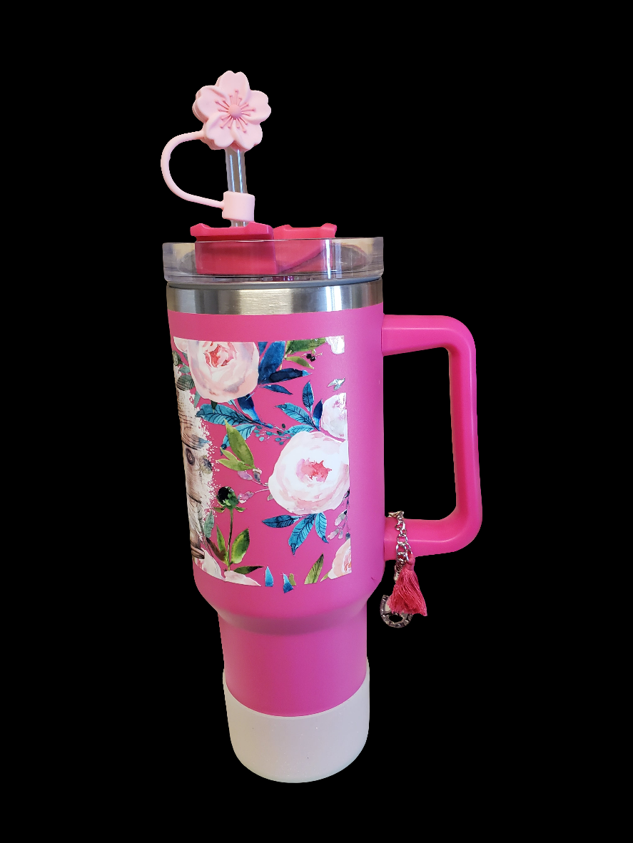 40 0z stainless steel double walled tumbler Pink Cowgirl Floral