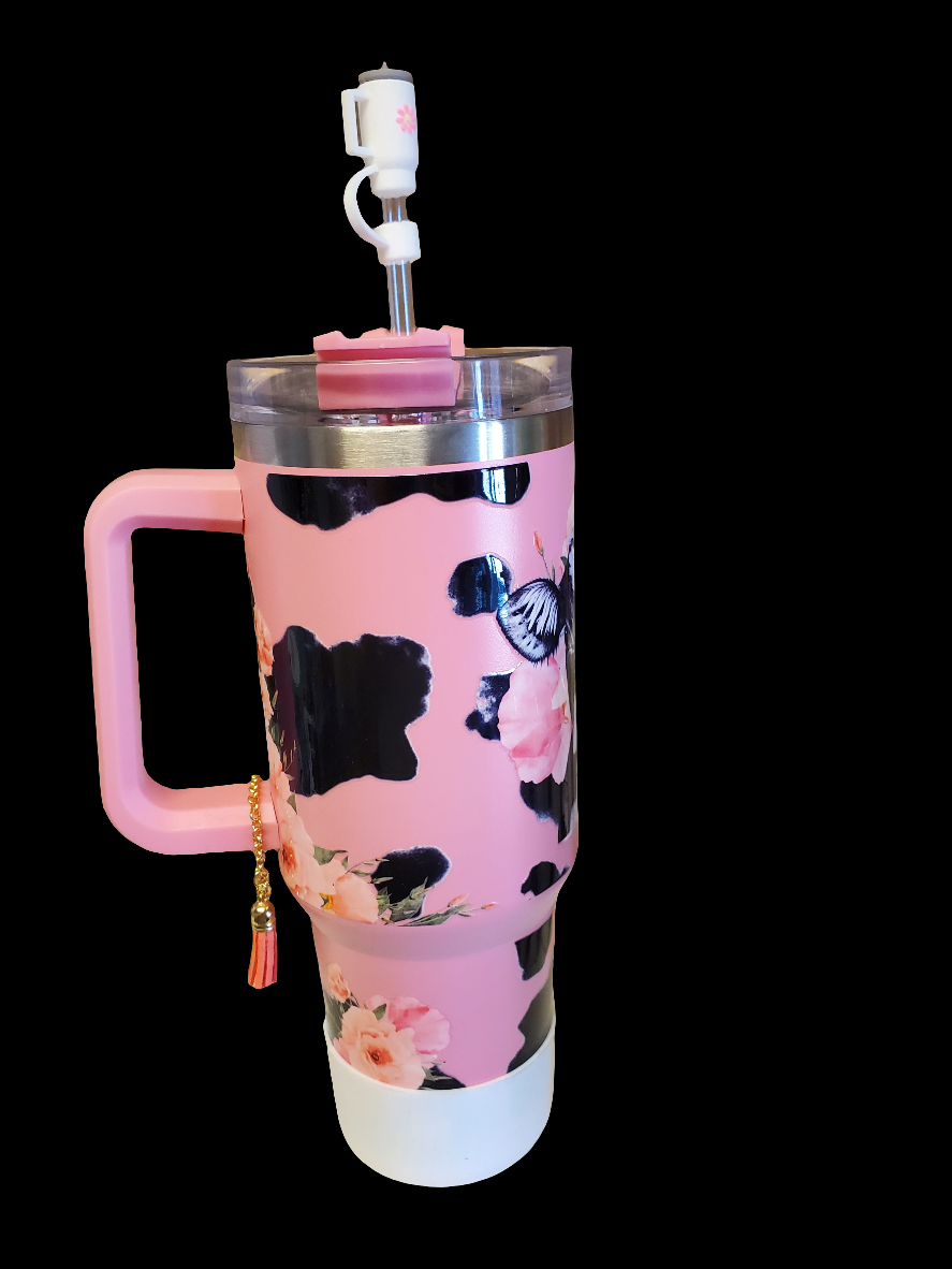 40 0z stainless steel double walled tumbler Holstein Cow Pink