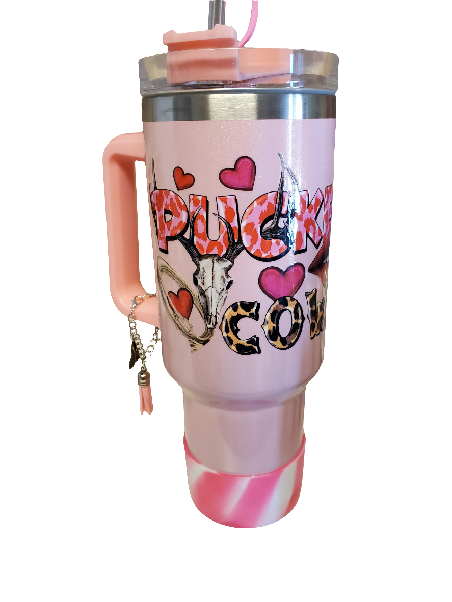 40 0z stainless steel double walled tumbler Pucker Up Cowboy Pink