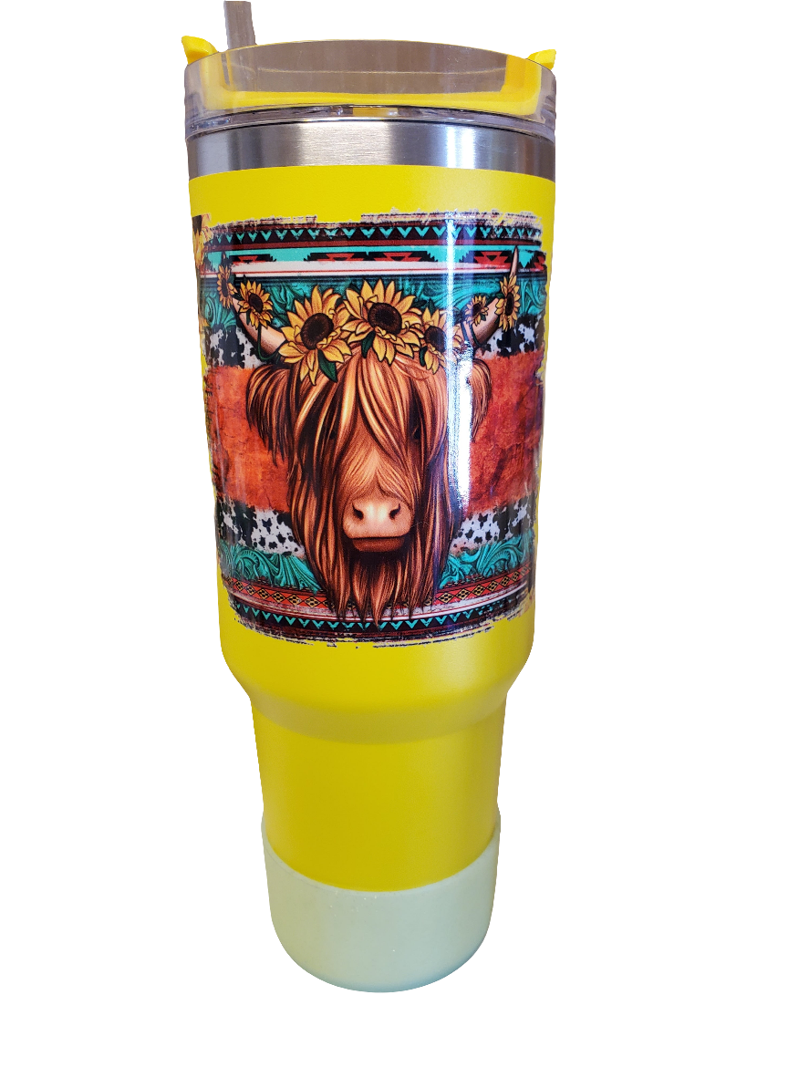 40 oz Stainless steel double walled tumbler Higland Cow Sunflower