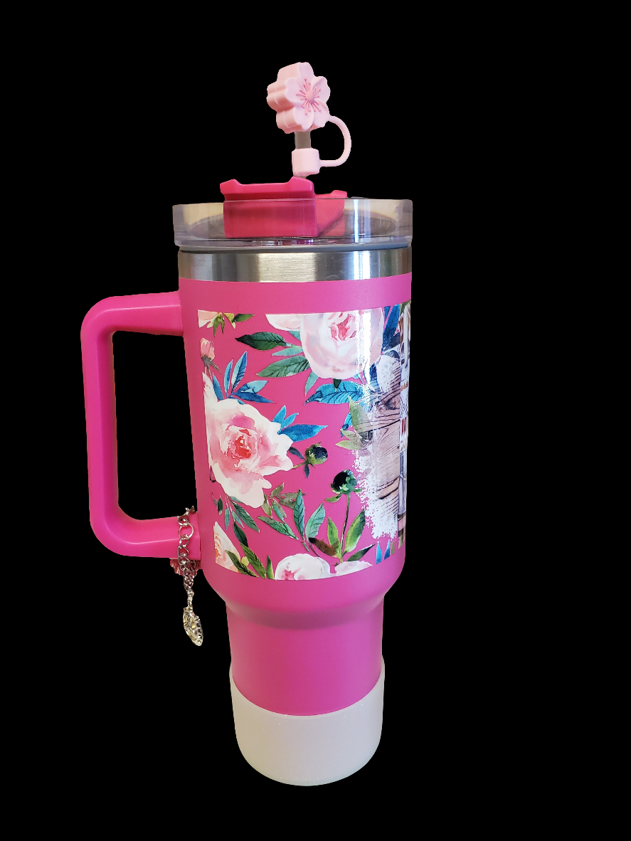 40 0z stainless steel double walled tumbler Pink Cowgirl Floral