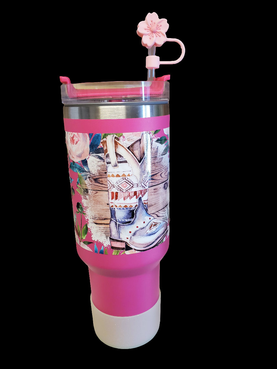 40 0z stainless steel double walled tumbler Pink Cowgirl Floral