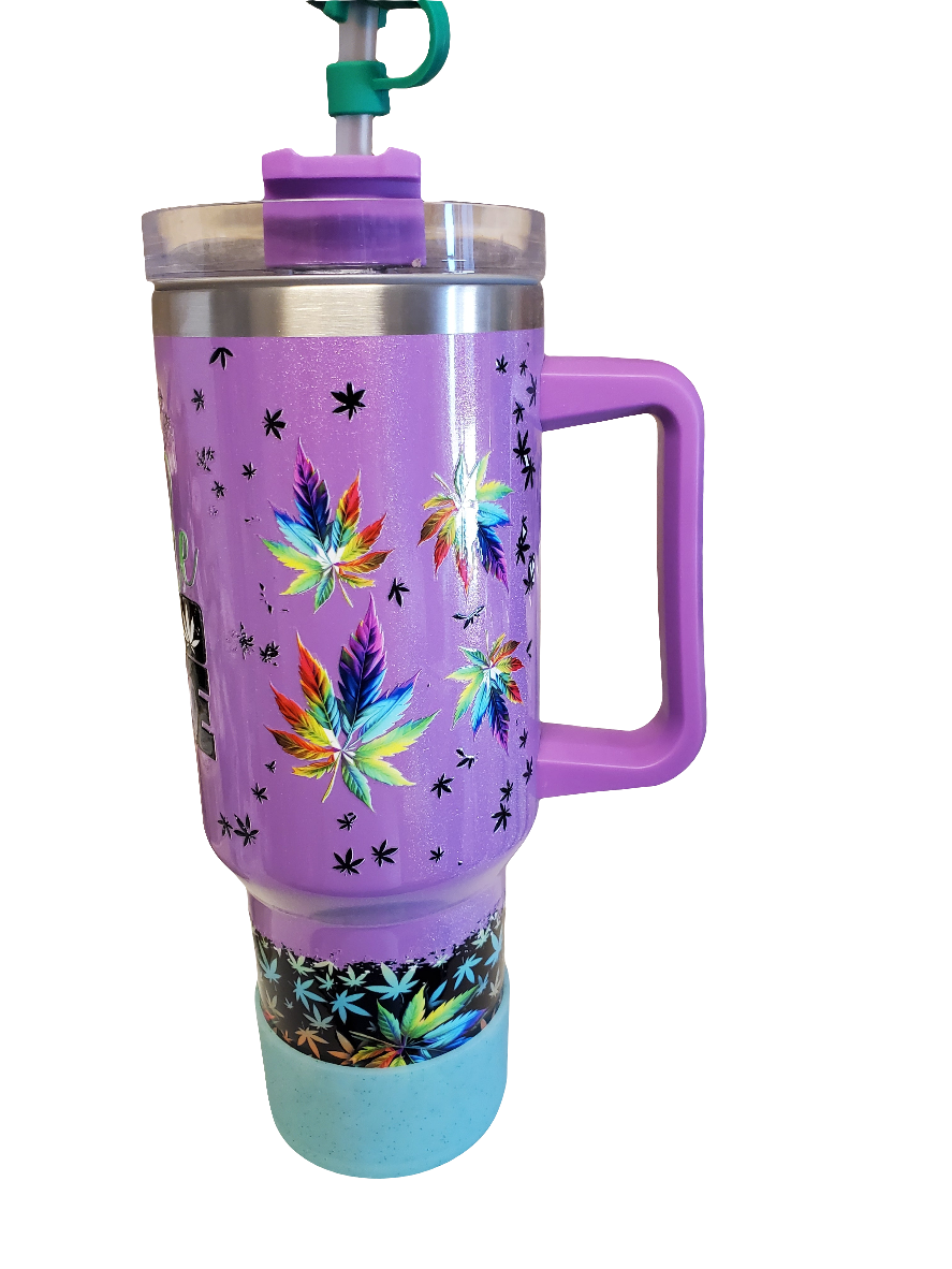 40 0z stainless steel double walled tumbler Weed Cannabis Purple
