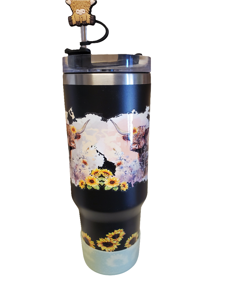 40 0z stainless steel double walled tumbler Highland Cow black