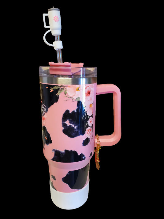 40 0z stainless steel double walled tumbler Holstein Cow Pink