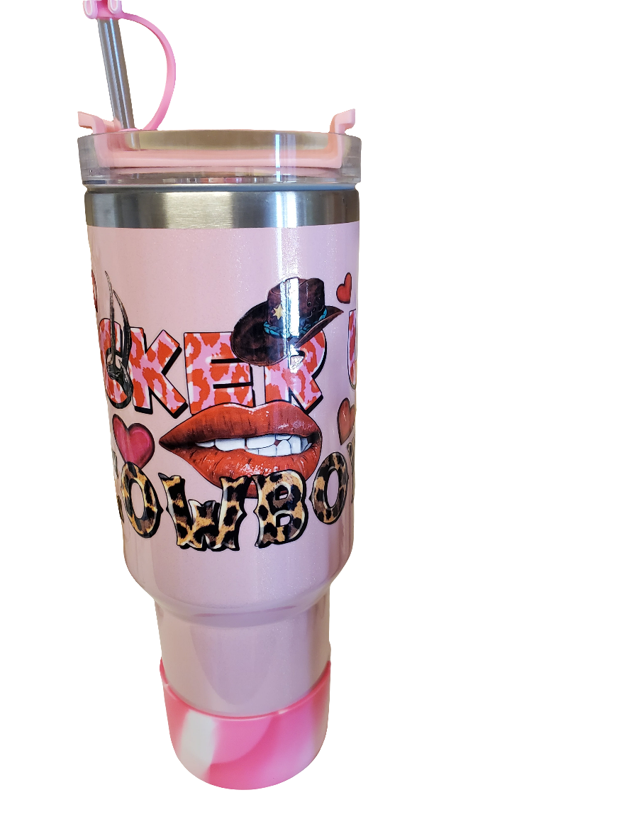 40 0z stainless steel double walled tumbler Pucker Up Cowboy Pink