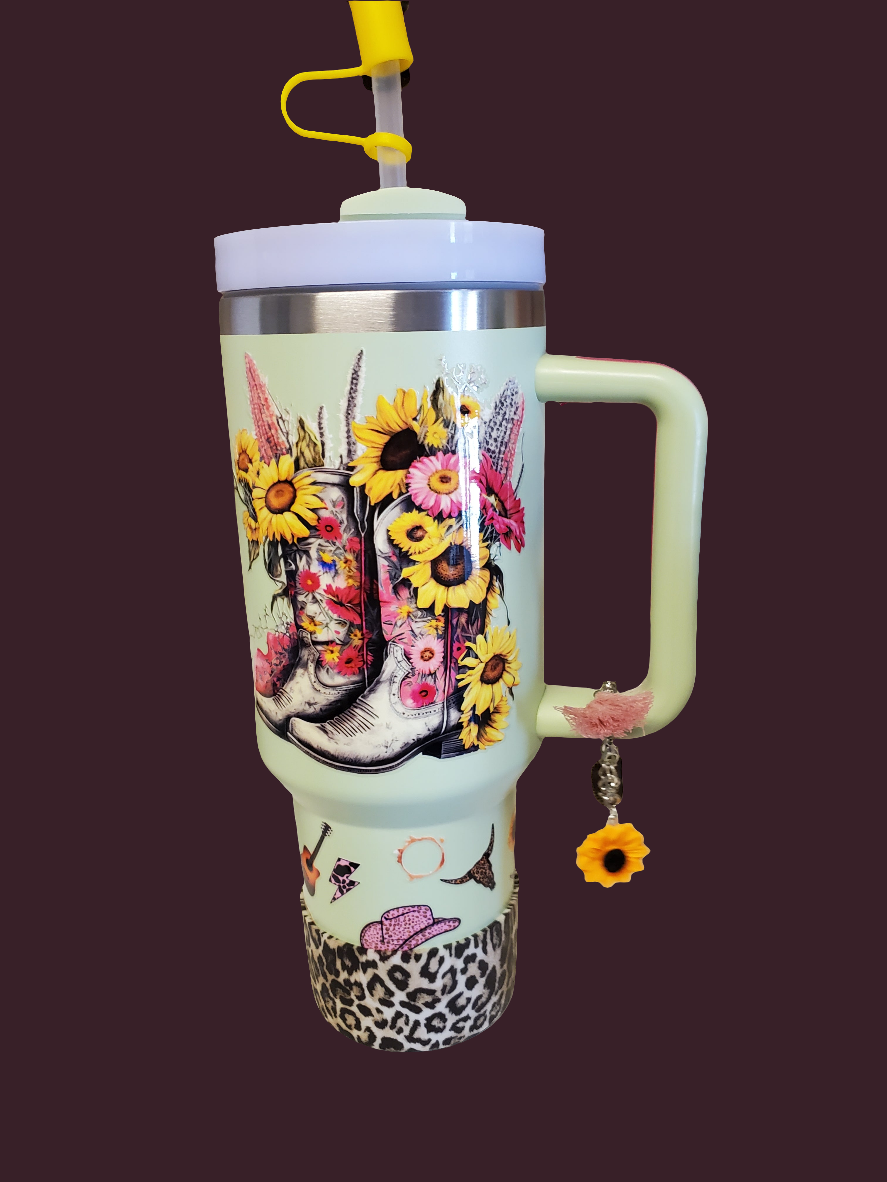 40 0z stainless steel double walled tumbler Cowgirl Country Sunflower Green
