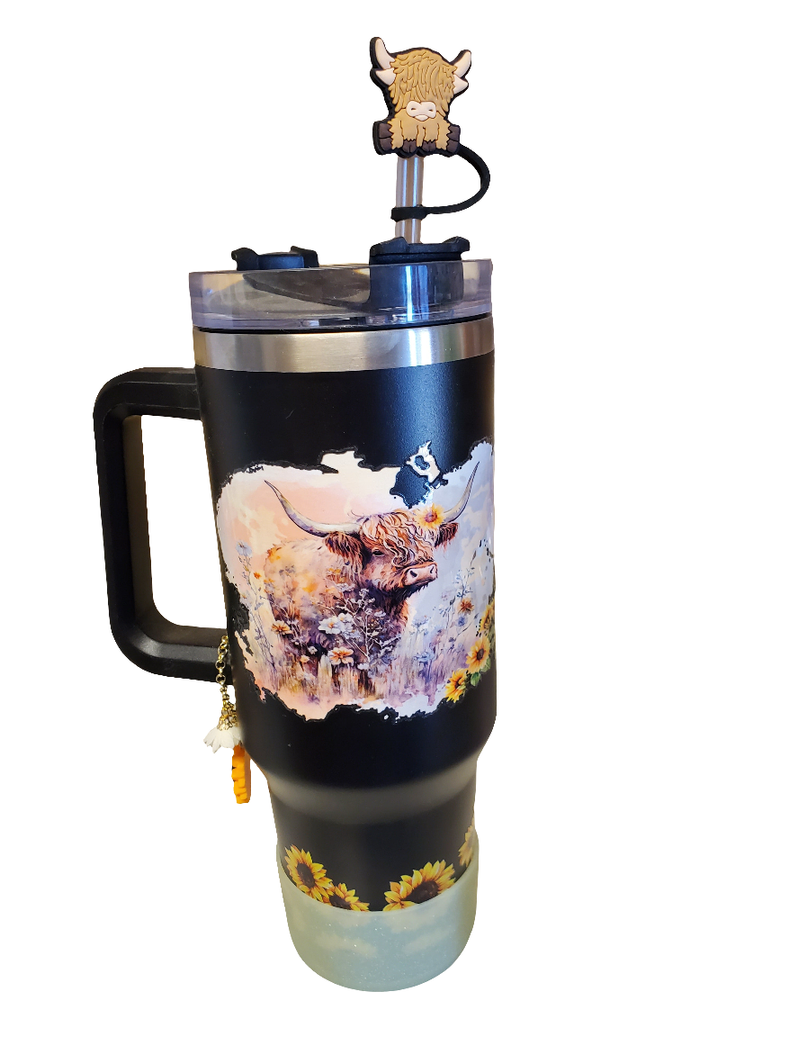 40 0z stainless steel double walled tumbler Highland Cow black