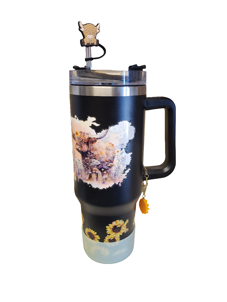 40 0z stainless steel double walled tumbler Highland Cow black