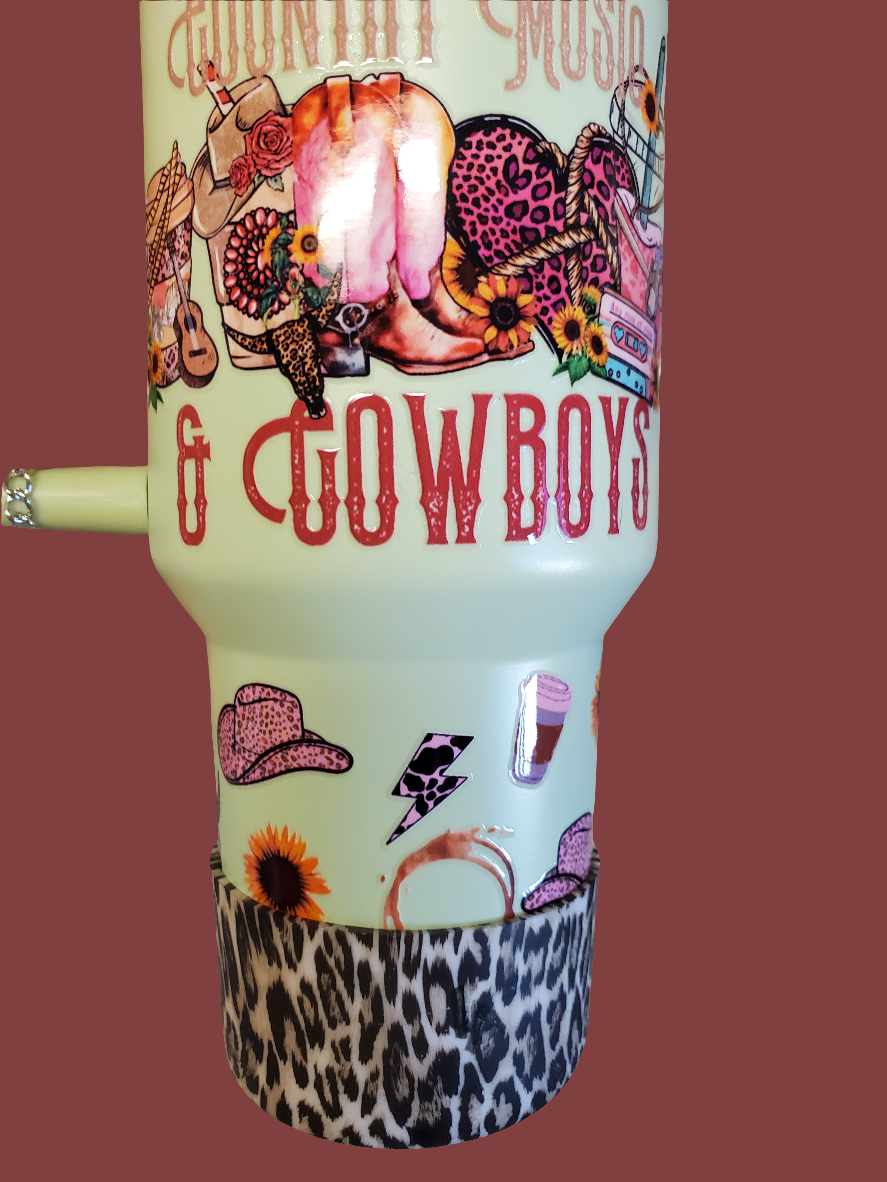 40 0z stainless steel double walled tumbler Cowgirl Country Sunflower Green