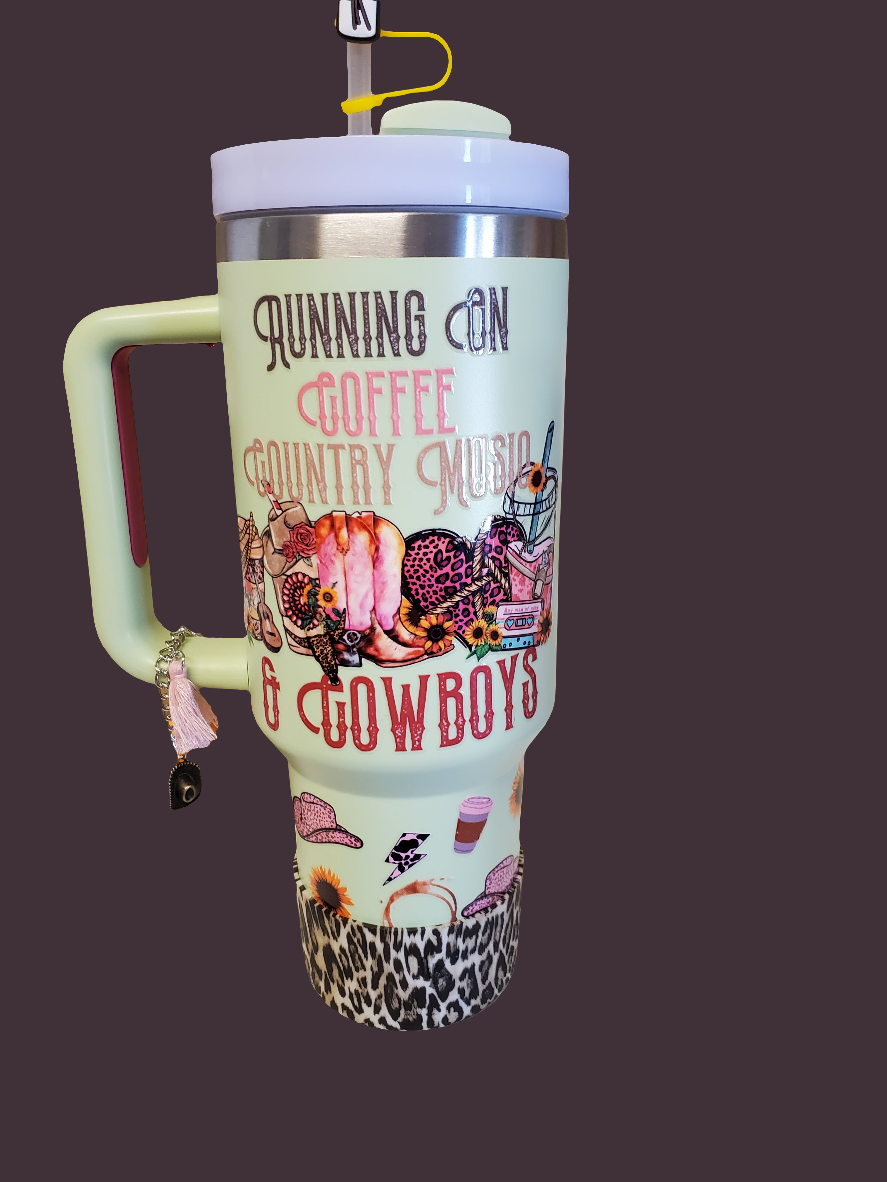 40 0z stainless steel double walled tumbler Cowgirl Country Sunflower Green